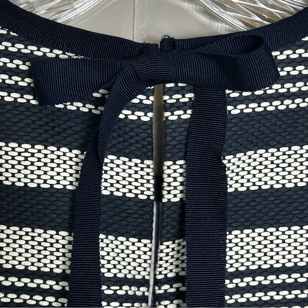J Crew Sheath Dress Woven Striped Navy White Tweed Indigo Blue Bow Lined Sz 4P - Picture 5 of 11